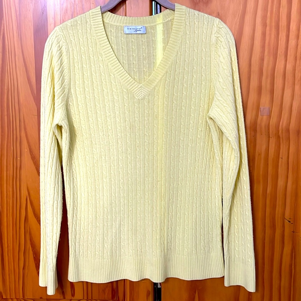 KIM ROGERS SIGNATURE CABLE-KNIT V-NECK SWEATER LONG SLEEP YELLOW WOMEN M 18 INCH